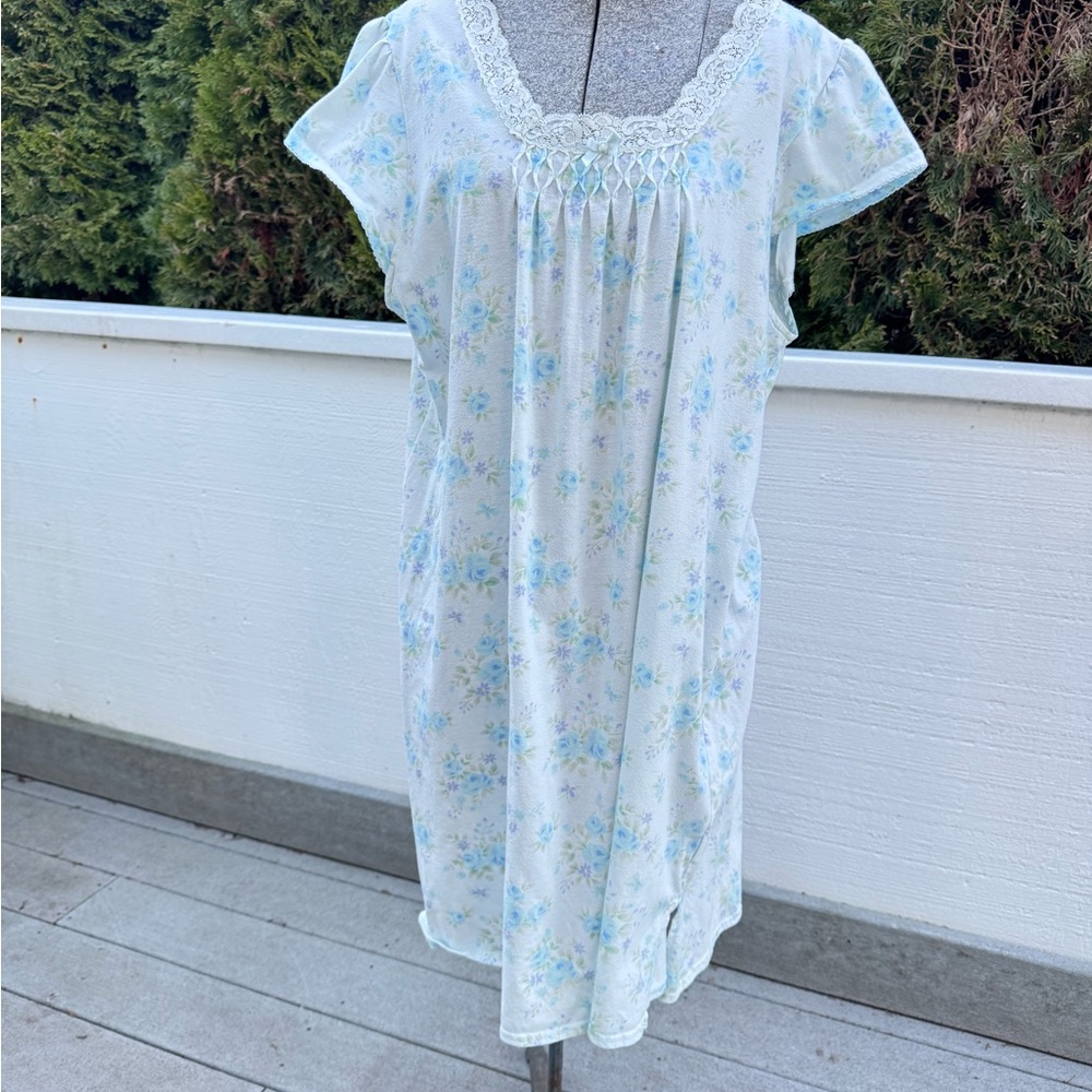Miss Elaine Blue Floral Lace Smocked Nightgown - Size Large